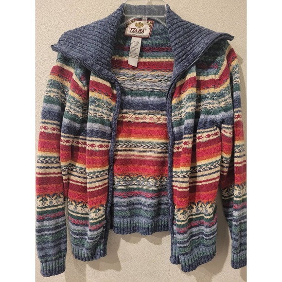 Tiara International Sweaters - Tiara International Women's Multicolor Ramie Long Sleeve Full Zip Sweater Size L